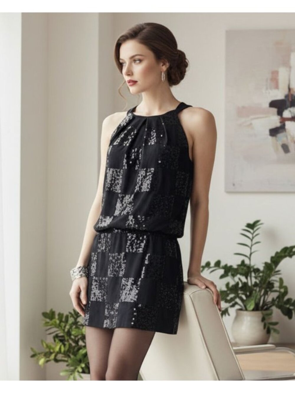 WHBM Sequin High Jewel Pleated Blouson Ultra Mini Dress Sleeveless Checker